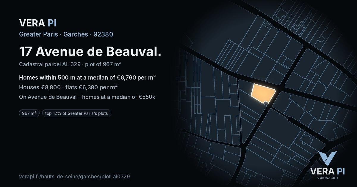 17 Avenue de Beauval, Garches at night – the plot lit, the parcels around coloured by the prices near them