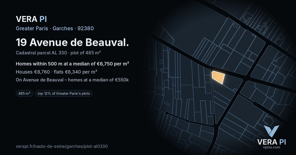 19 Avenue de Beauval, Garches at night – the plot lit, the parcels around coloured by the prices near them