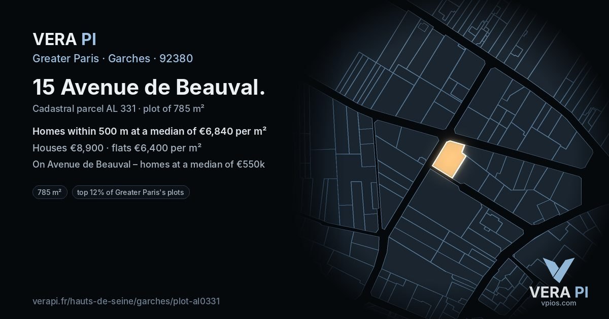 15 Avenue de Beauval, Garches at night – the plot lit, the parcels around coloured by the prices near them