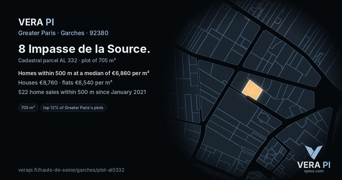 8 Impasse de la Source, Garches at night – the plot lit, the parcels around coloured by the prices near them