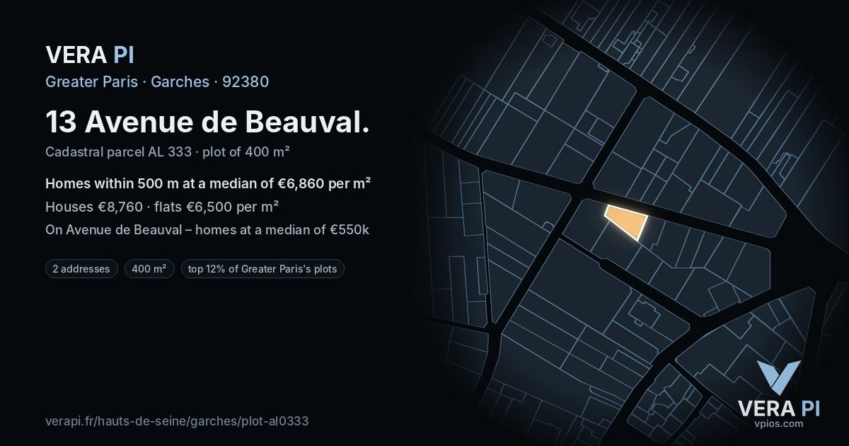 13 Avenue de Beauval, Garches at night – the plot lit, the parcels around coloured by the prices near them
