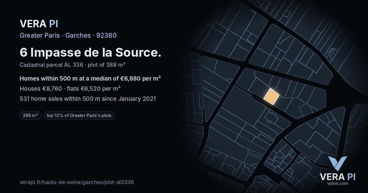 6 Impasse de la Source, Garches at night – the plot lit, the parcels around coloured by the prices near them