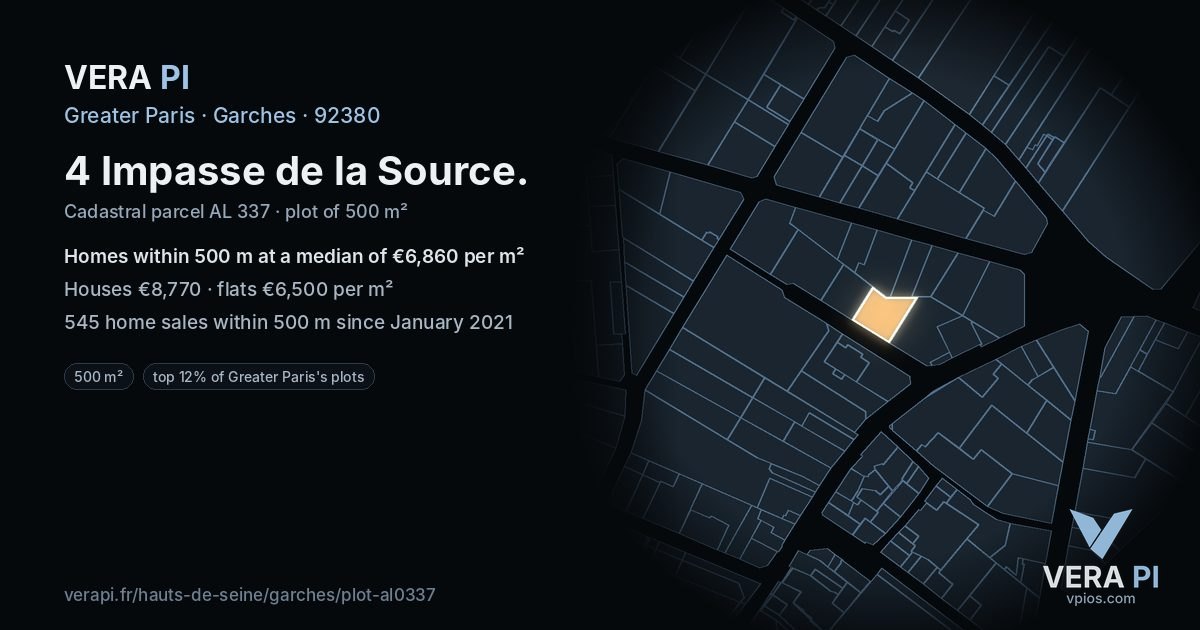 4 Impasse de la Source, Garches at night – the plot lit, the parcels around coloured by the prices near them