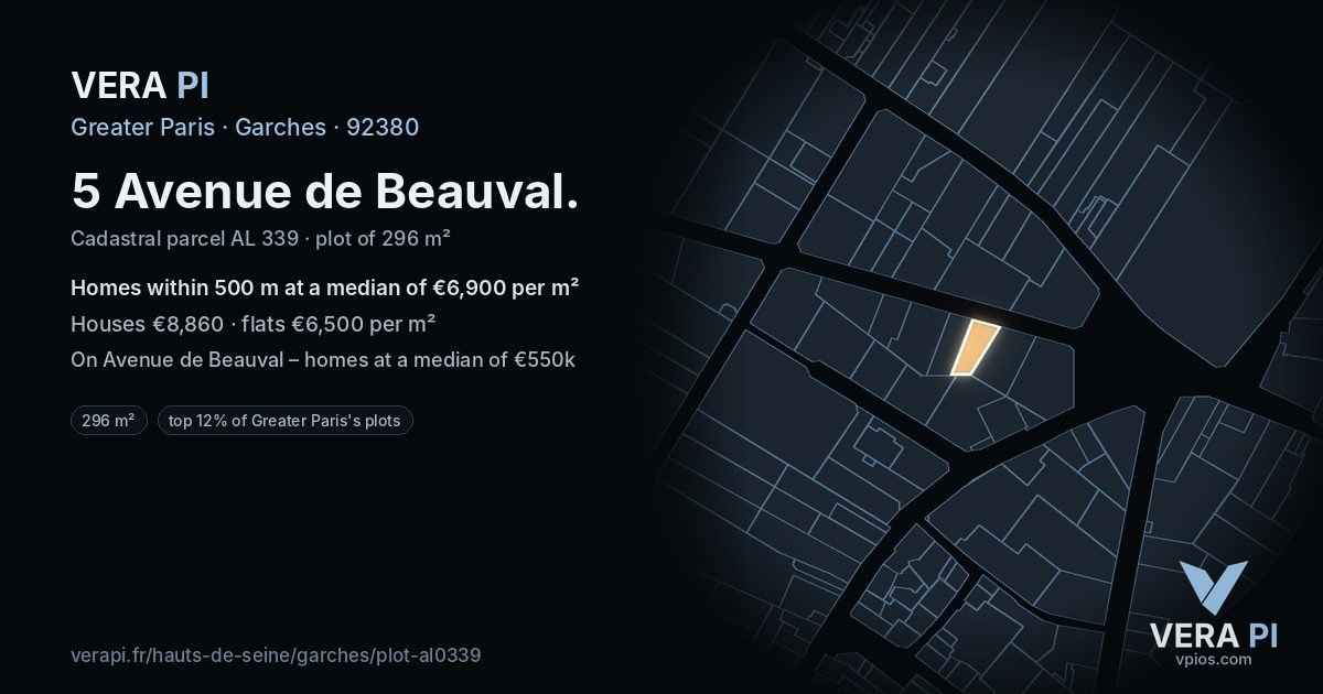 5 Avenue de Beauval, Garches at night – the plot lit, the parcels around coloured by the prices near them