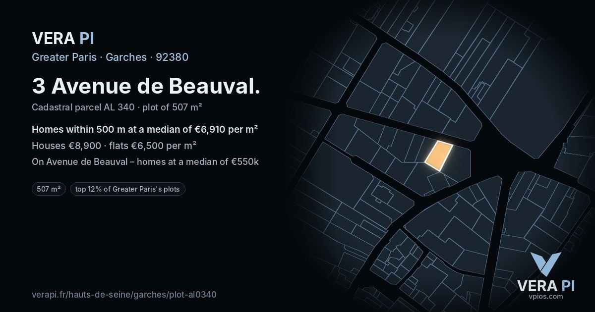 3 Avenue de Beauval, Garches at night – the plot lit, the parcels around coloured by the prices near them
