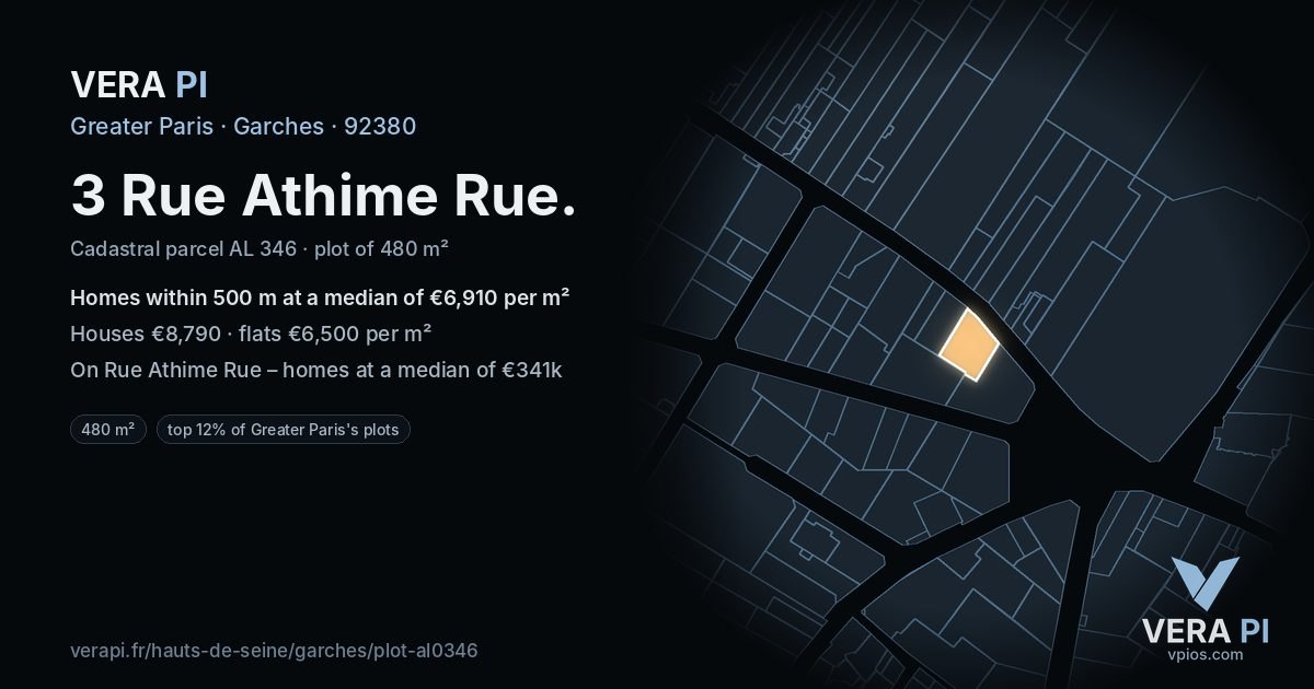 3 Rue Athime Rue, Garches at night – the plot lit, the parcels around coloured by the prices near them