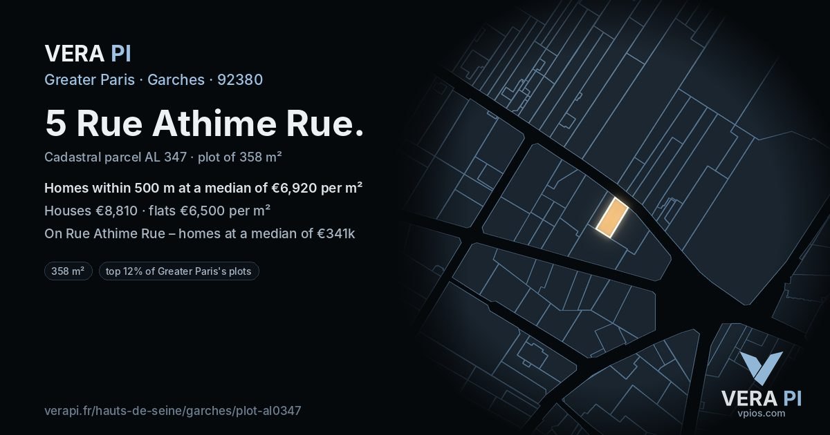 5 Rue Athime Rue, Garches at night – the plot lit, the parcels around coloured by the prices near them