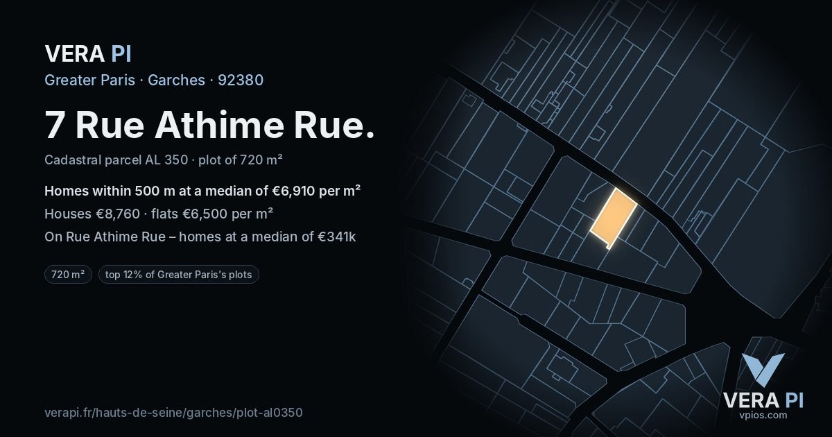7 Rue Athime Rue, Garches at night – the plot lit, the parcels around coloured by the prices near them