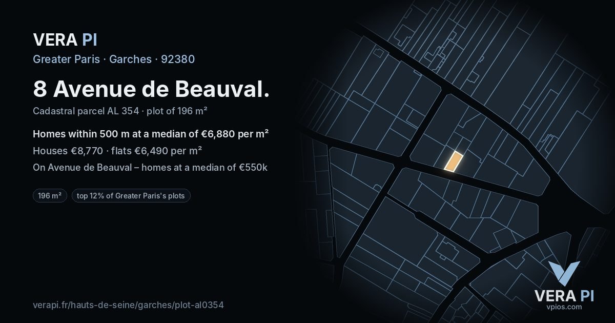 8 Avenue de Beauval, Garches at night – the plot lit, the parcels around coloured by the prices near them