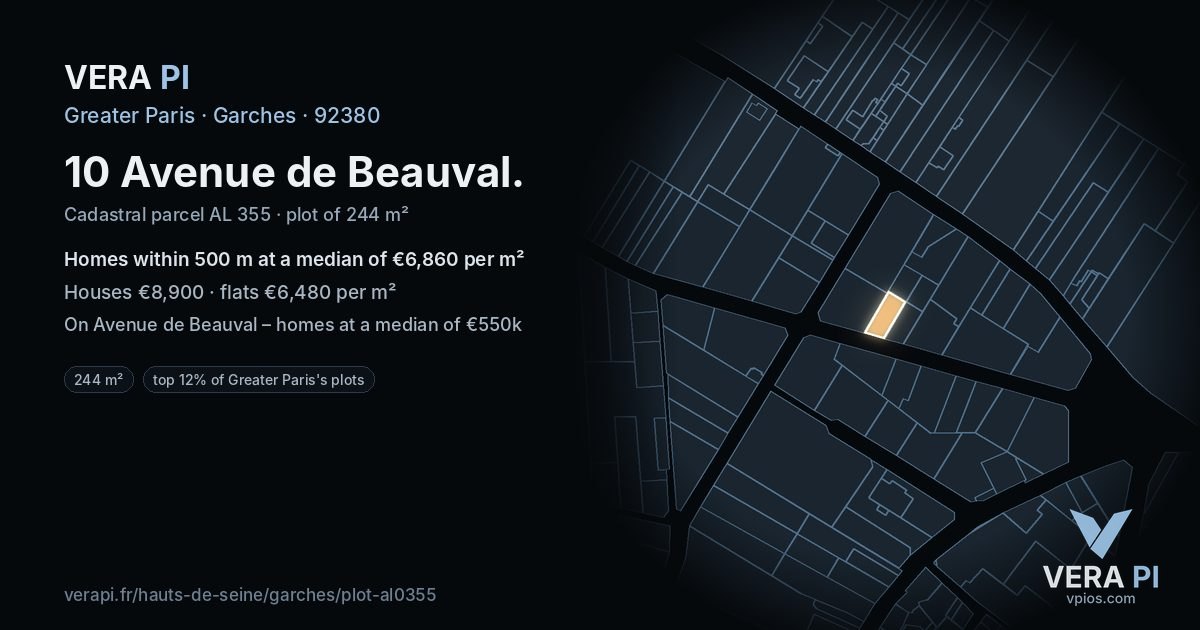 10 Avenue de Beauval, Garches at night – the plot lit, the parcels around coloured by the prices near them