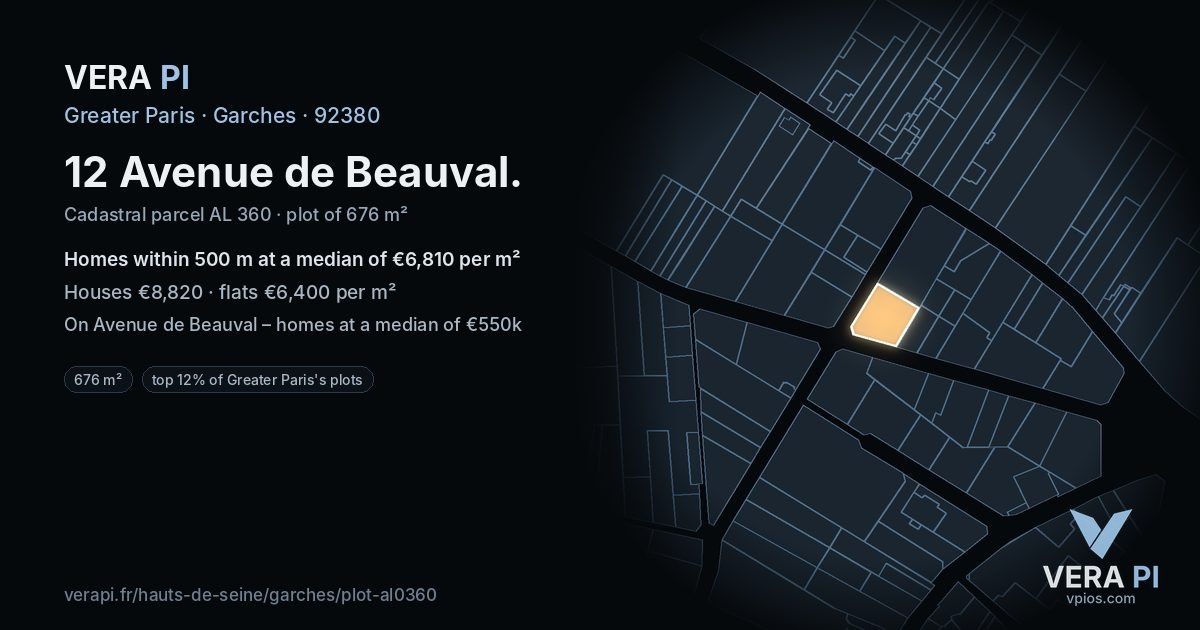 12 Avenue de Beauval, Garches at night – the plot lit, the parcels around coloured by the prices near them