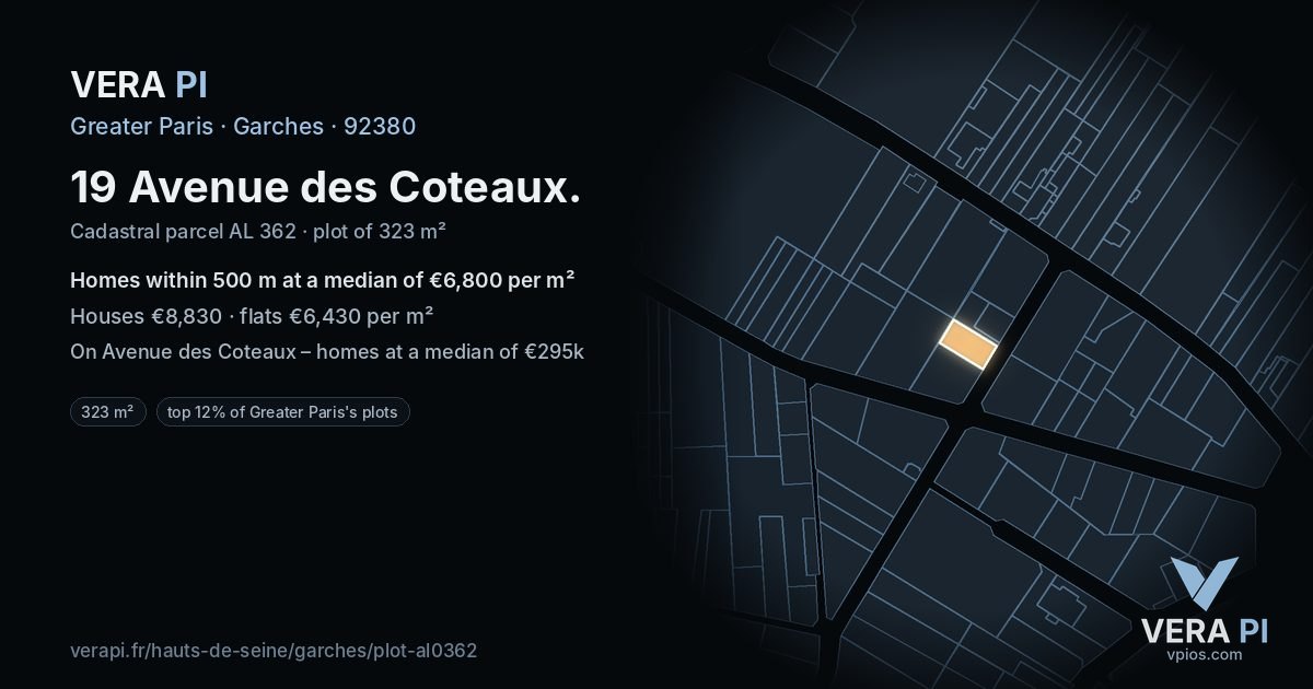 19 Avenue des Coteaux, Garches at night – the plot lit, the parcels around coloured by the prices near them