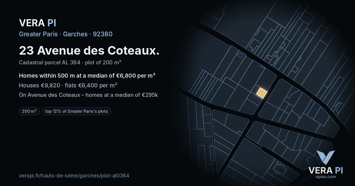 23 Avenue des Coteaux, Garches at night – the plot lit, the parcels around coloured by the prices near them