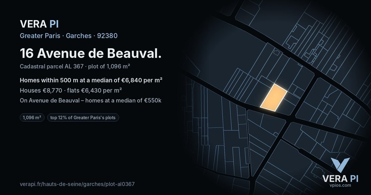 16 Avenue de Beauval, Garches at night – the plot lit, the parcels around coloured by the prices near them