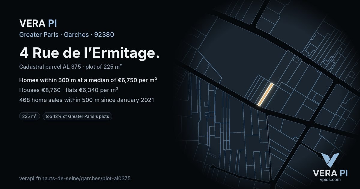 4 Rue de l’Ermitage, Garches at night – the plot lit, the parcels around coloured by the prices near them