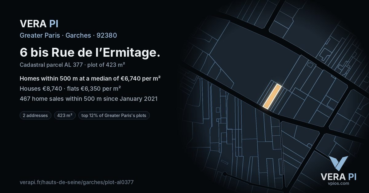 6 bis Rue de l’Ermitage, Garches at night – the plot lit, the parcels around coloured by the prices near them