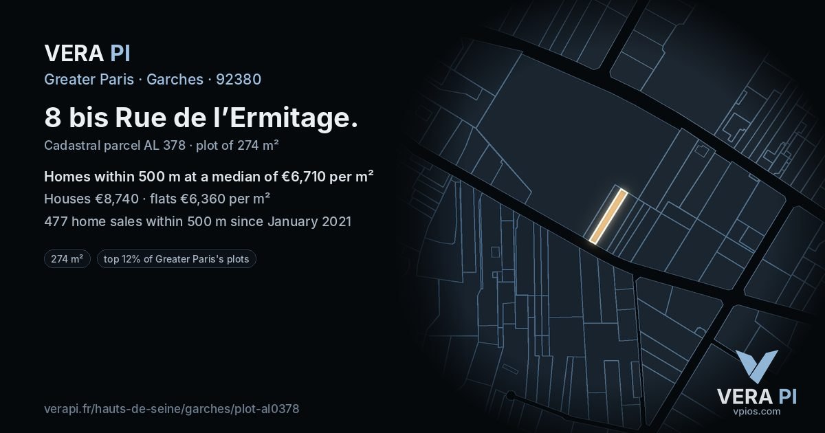 8 bis Rue de l’Ermitage, Garches at night – the plot lit, the parcels around coloured by the prices near them