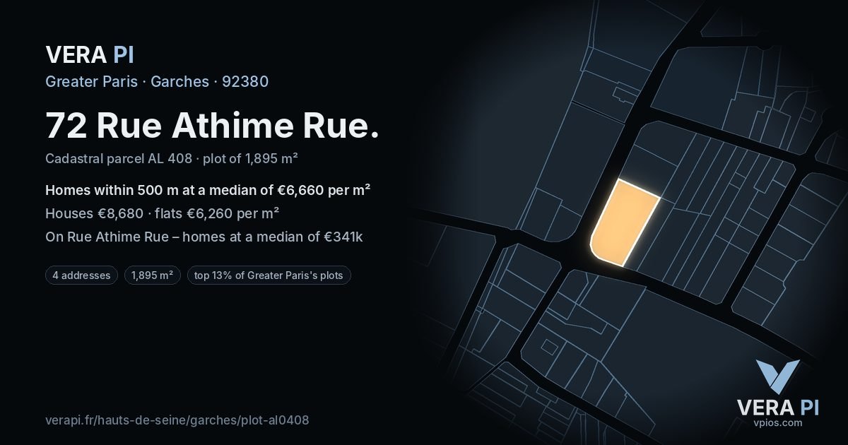 72 Rue Athime Rue, Garches at night – the plot lit, the parcels around coloured by the prices near them