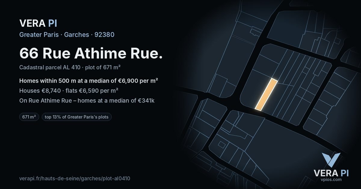 66 Rue Athime Rue, Garches at night – the plot lit, the parcels around coloured by the prices near them
