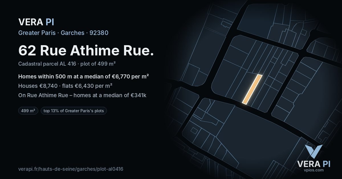 62 Rue Athime Rue, Garches at night – the plot lit, the parcels around coloured by the prices near them