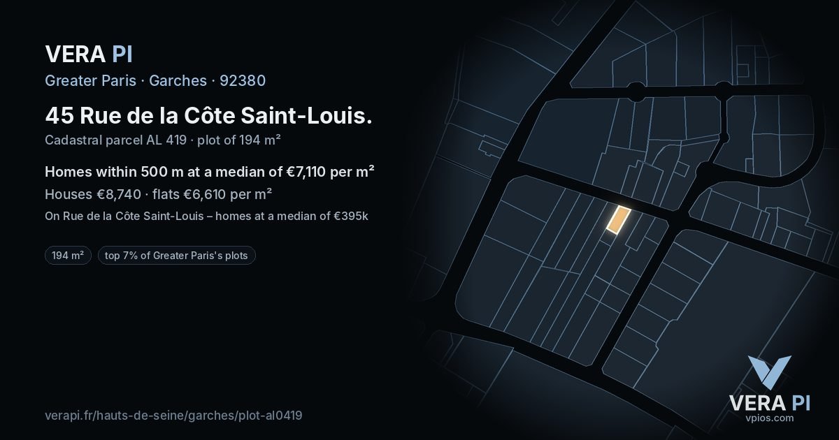 45 Rue de la Côte Saint-Louis, Garches at night – the plot lit, the parcels around coloured by the prices near them