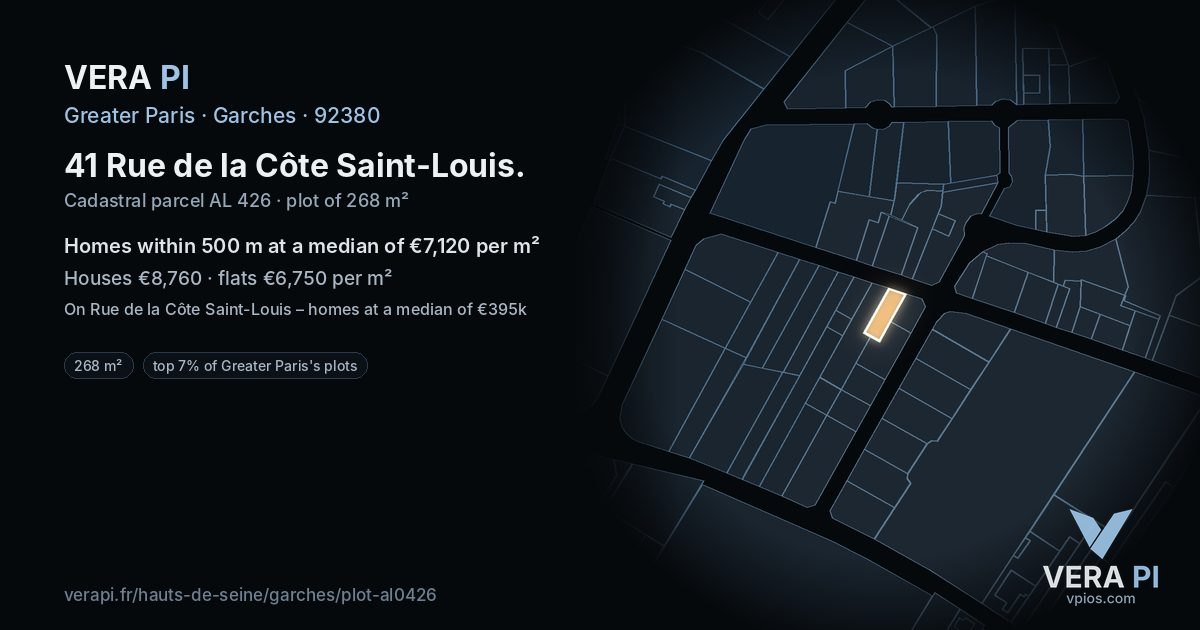 41 Rue de la Côte Saint-Louis, Garches at night – the plot lit, the parcels around coloured by the prices near them