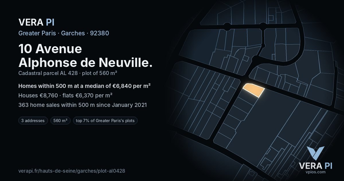 10 Avenue Alphonse de Neuville, Garches at night – the plot lit, the parcels around coloured by the prices near them