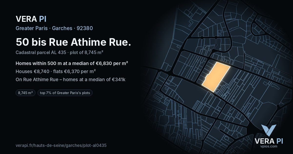 50 bis Rue Athime Rue, Garches at night – the plot lit, the parcels around coloured by the prices near them