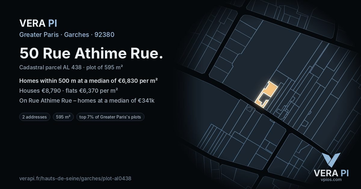 50 Rue Athime Rue, Garches at night – the plot lit, the parcels around coloured by the prices near them