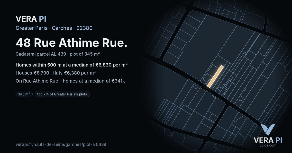 48 Rue Athime Rue, Garches at night – the plot lit, the parcels around coloured by the prices near them