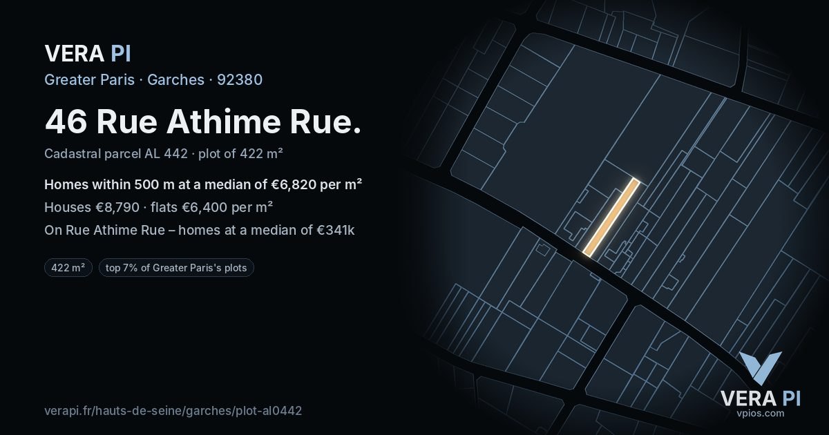 46 Rue Athime Rue, Garches at night – the plot lit, the parcels around coloured by the prices near them