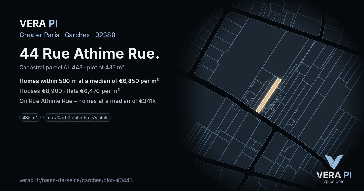 44 Rue Athime Rue, Garches at night – the plot lit, the parcels around coloured by the prices near them