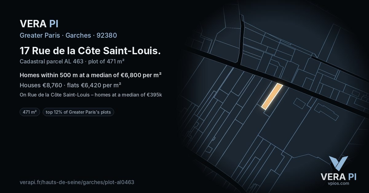 17 Rue de la Côte Saint-Louis, Garches at night – the plot lit, the parcels around coloured by the prices near them