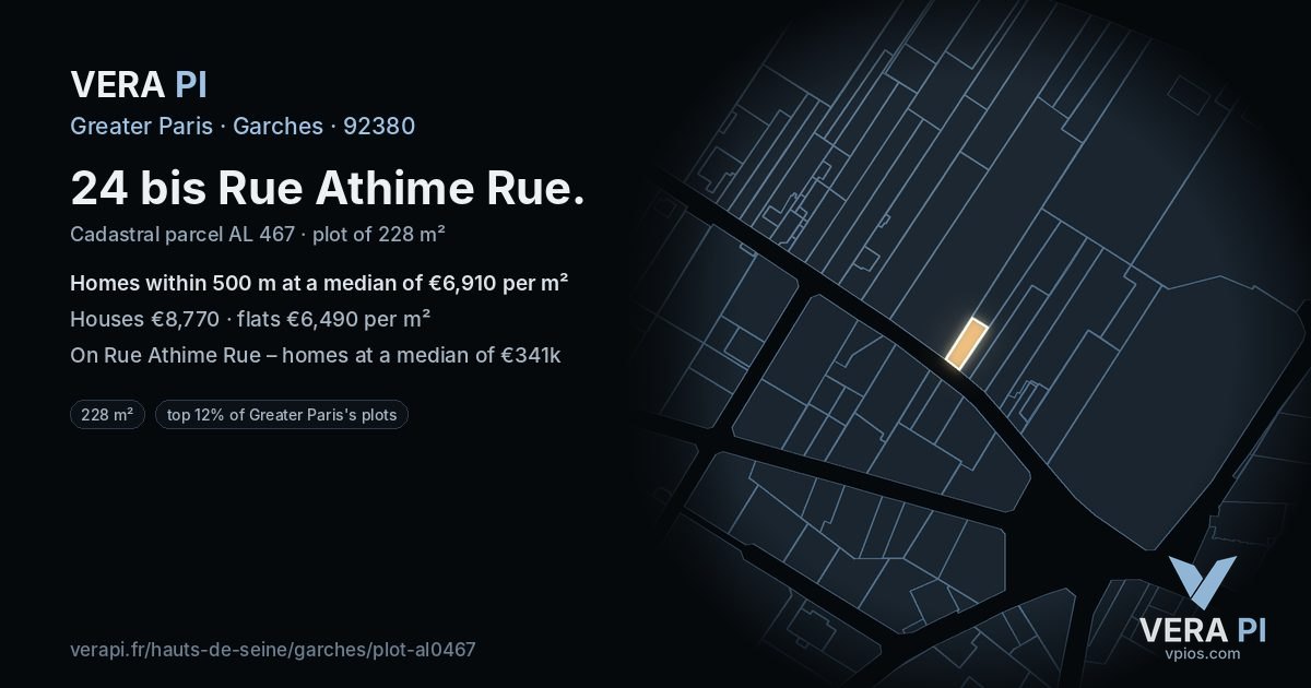 24 bis Rue Athime Rue, Garches at night – the plot lit, the parcels around coloured by the prices near them
