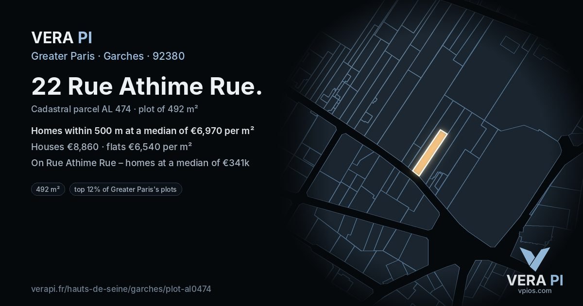22 Rue Athime Rue, Garches at night – the plot lit, the parcels around coloured by the prices near them