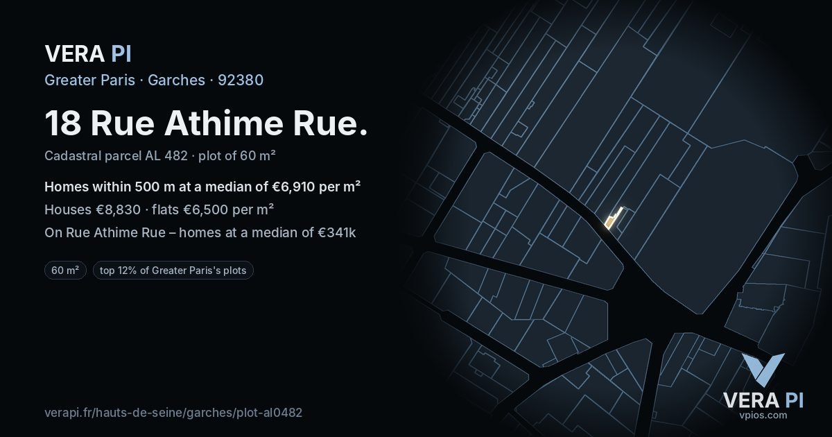 18 Rue Athime Rue, Garches at night – the plot lit, the parcels around coloured by the prices near them