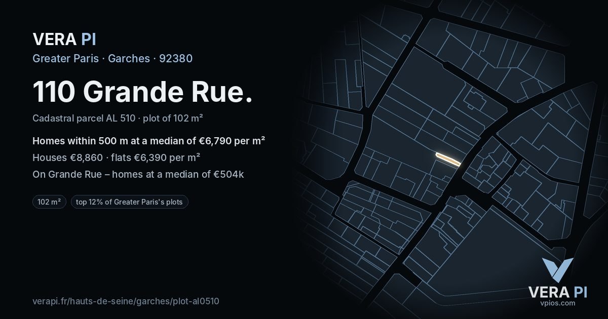 110 Grande Rue, Garches at night – the plot lit, the parcels around coloured by the prices near them