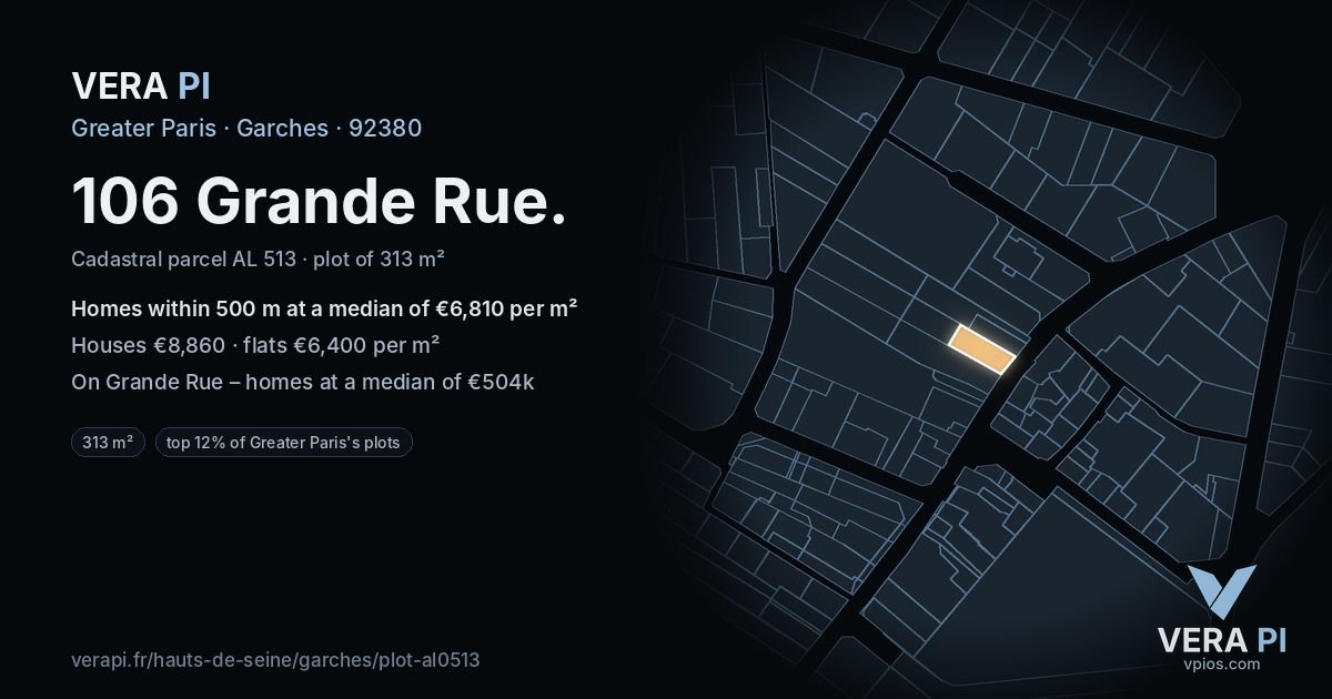 106 Grande Rue, Garches at night – the plot lit, the parcels around coloured by the prices near them