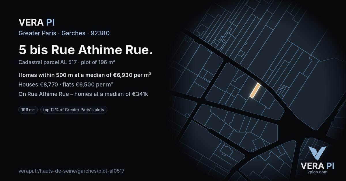 5 bis Rue Athime Rue, Garches at night – the plot lit, the parcels around coloured by the prices near them