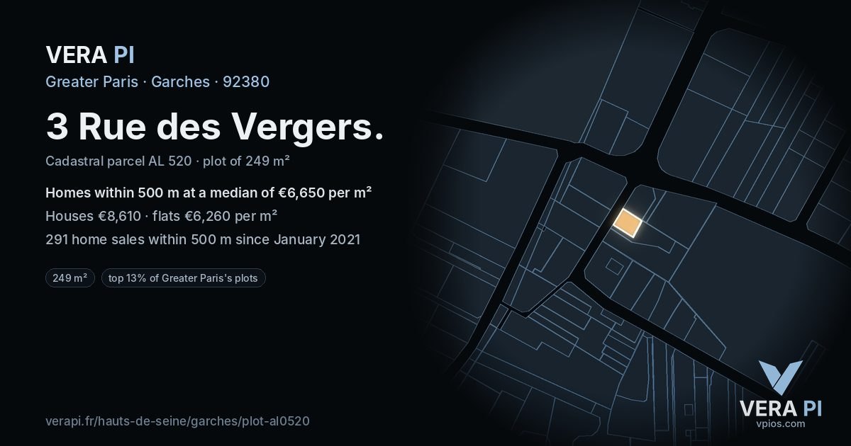 3 Rue des Vergers, Garches at night – the plot lit, the parcels around coloured by the prices near them