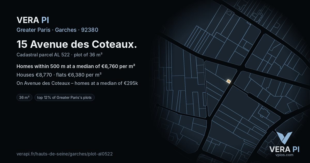 15 Avenue des Coteaux, Garches at night – the plot lit, the parcels around coloured by the prices near them