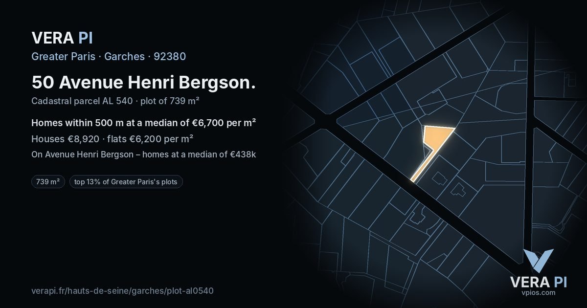 50 Avenue Henri Bergson, Garches at night – the plot lit, the parcels around coloured by the prices near them