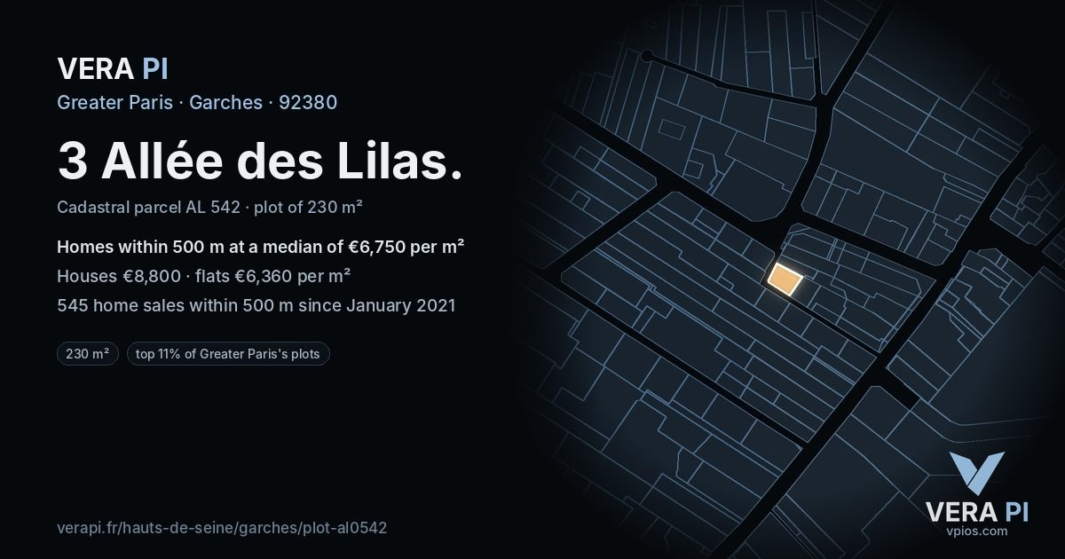 3 Allée des Lilas, Garches at night – the plot lit, the parcels around coloured by the prices near them