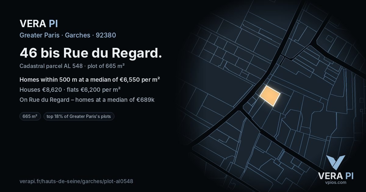 46 bis Rue du Regard, Garches at night – the plot lit, the parcels around coloured by the prices near them
