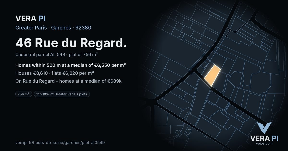 46 Rue du Regard, Garches at night – the plot lit, the parcels around coloured by the prices near them