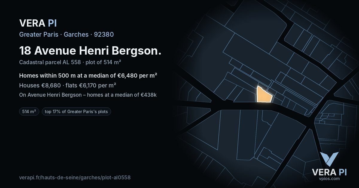 18 Avenue Henri Bergson, Garches at night – the plot lit, the parcels around coloured by the prices near them