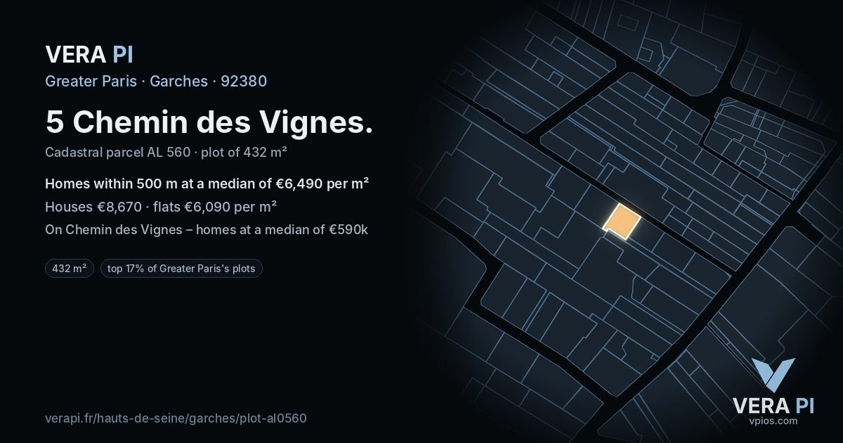 5 Chemin des Vignes, Garches at night – the plot lit, the parcels around coloured by the prices near them