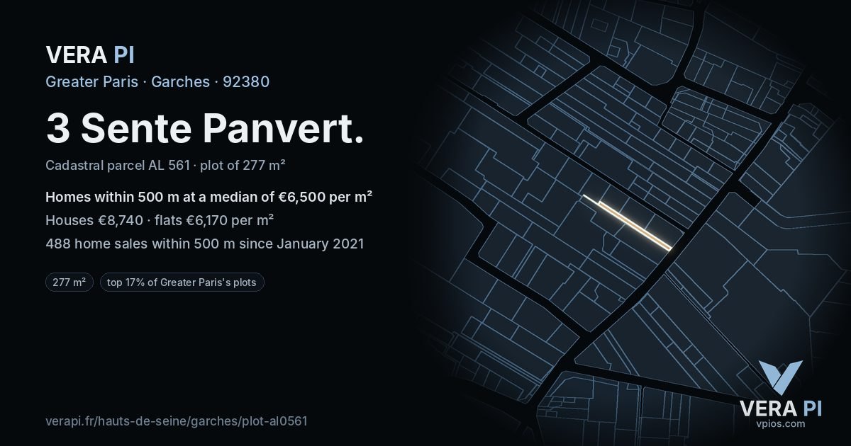 3 Sente Panvert, Garches at night – the plot lit, the parcels around coloured by the prices near them