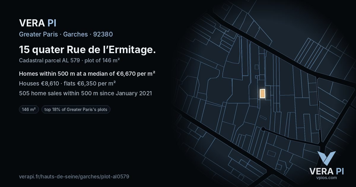 15 quater Rue de l’Ermitage, Garches at night – the plot lit, the parcels around coloured by the prices near them