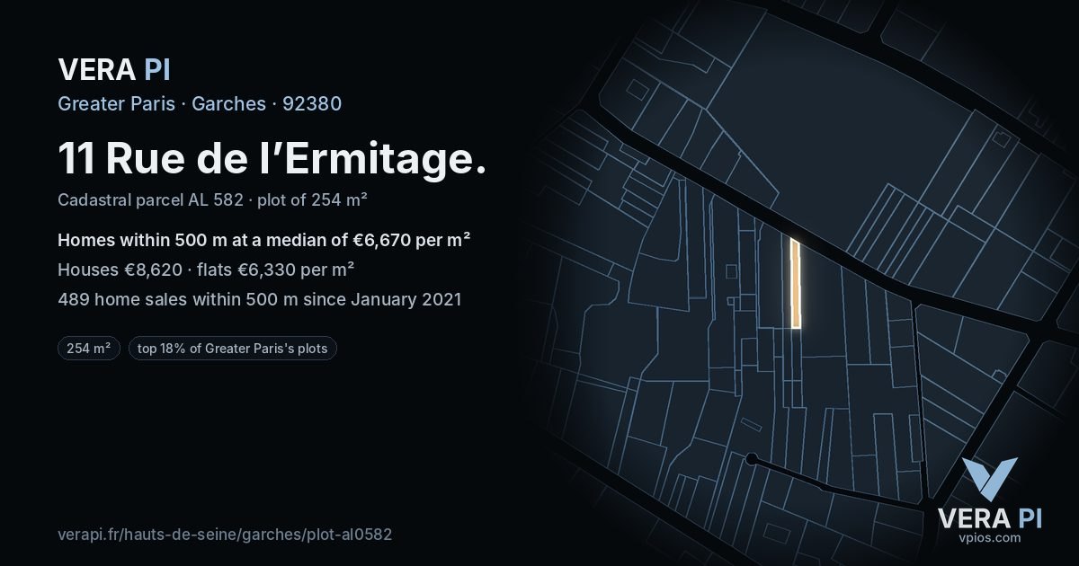 11 Rue de l’Ermitage, Garches at night – the plot lit, the parcels around coloured by the prices near them